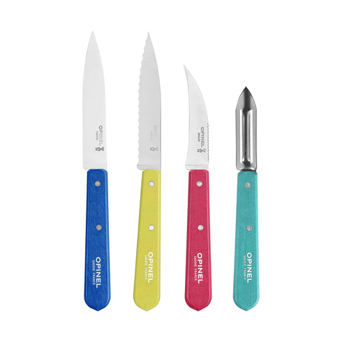 Les 4 couteaux du coffret Opinel Pop 80 : bleu, citron, framboise et turquoise