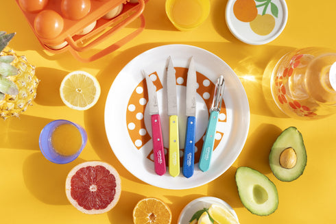 Couteaux Opinel Pop 80 sur une assiette entourée d'agrumes