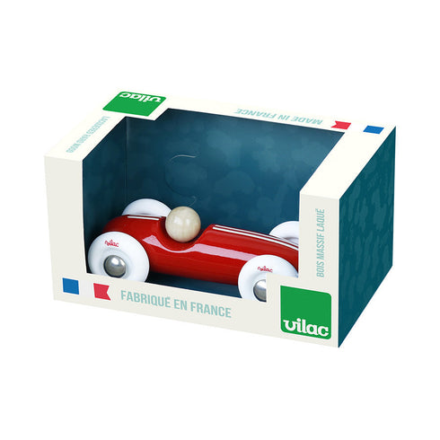 Voiture Grand Prix vintage rouge en hêtre laqué, visuel du fabricant Vilac