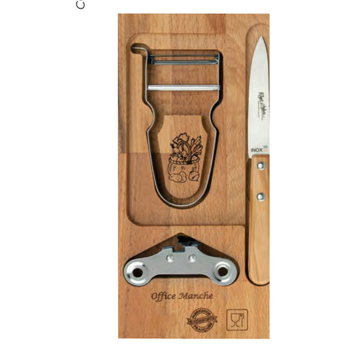 Coffret couteau d'office olivier, éplucheur et ouvre-boîte