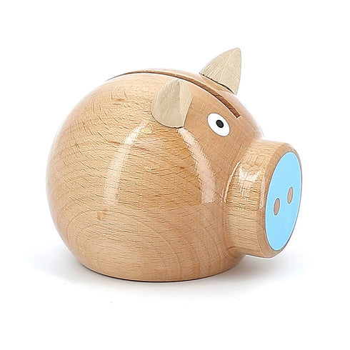 Tirelire cochon bois naturel-bleu - Vilac, fabriqué en France
