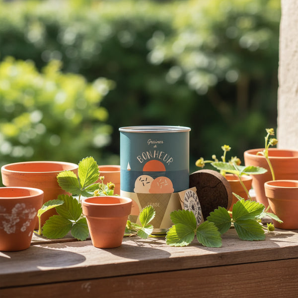 Kit à semer Bonheur - Fraises des Bois — on a sunny windowsill with small terracotta pots and wild st