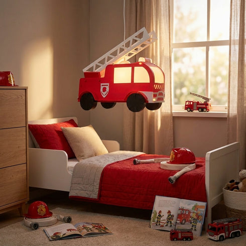 Lampe suspension enfant CAMION DE POMPIERS en situation
