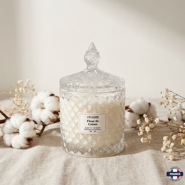Bougie Parfumée Fleur de Coton – Bonbonnière Diamant – 200g - J'achète français - L'échoppe Buissonnière