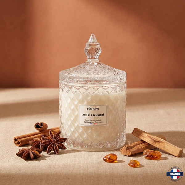 Bougie Parfumée Musc Oriental – Bonbonnière Diamant – 200g - J'achète français - L'échoppe Buissonnière