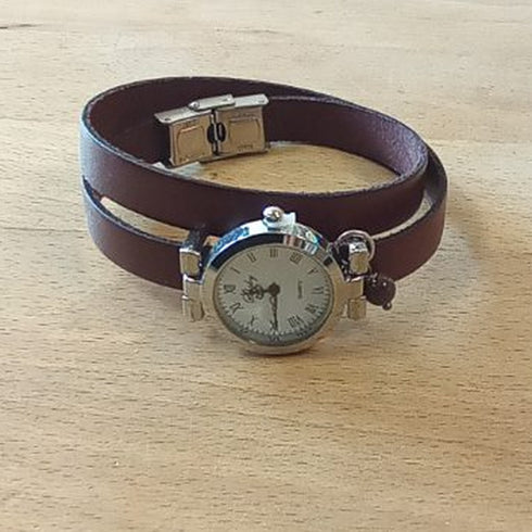 Montre double tour en cuir prune, atelier Cristalizade