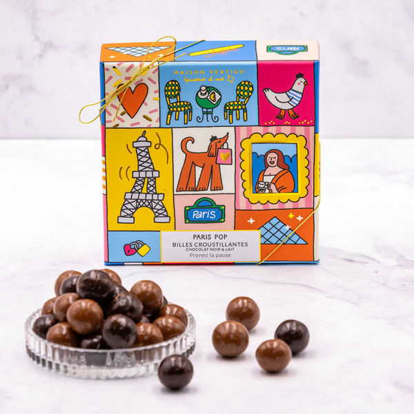 Boîte de chocolats Paris Pop de Maison Vertigo et une coupelle de billes au chocolat