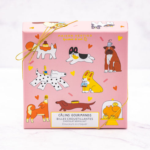 Boîte Câlins gourmands illustrée par Lou Gille : les chiens et les chats en plein câlin