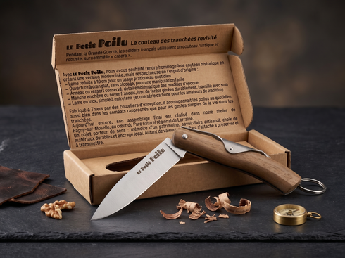 Le Petit Poilu — couteau de poche en noyer et son coffret BD imprimé en France, hommage aux Poilus de 14-18, Made in Lorraine