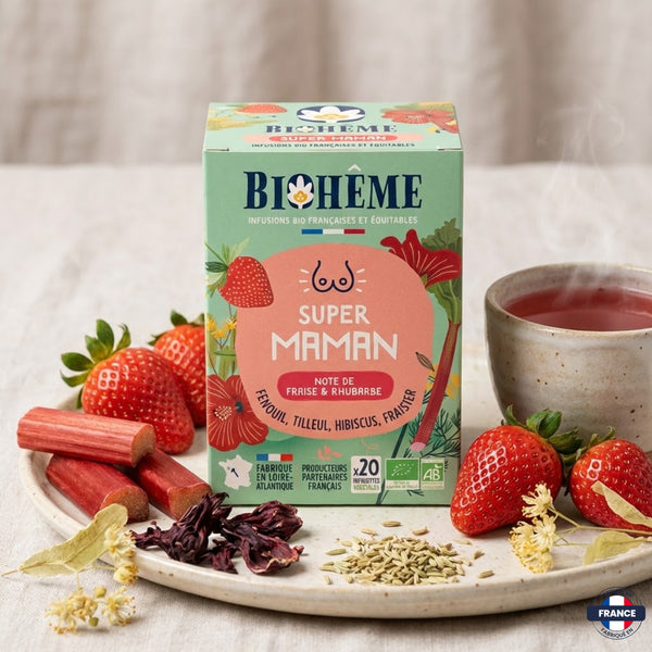 Infusion Super Maman Bio – Biohème (20 sachets) – Fraise & Rhubarbe - J'achète français - Biohême
