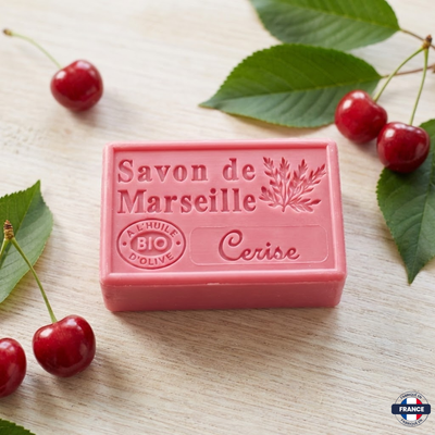Savon de Marseille Artisanal Cerise · Huile d’Olive BIO · 125g - J'achète français - DAMPA1975