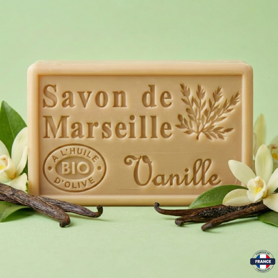 Savon de Marseille Artisanal Vanille · Huile d’Olive BIO · 125g - J'achète français - DAMPA1975
