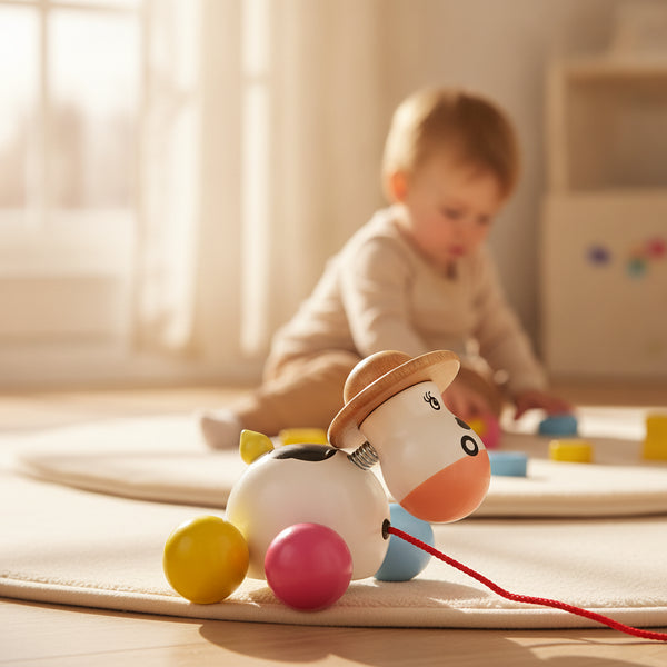 Baby Rosy cow pull toy en situation