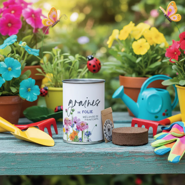 Kit à semer Graines de Folie — in a playful colorful garden scene with fun gardening tools