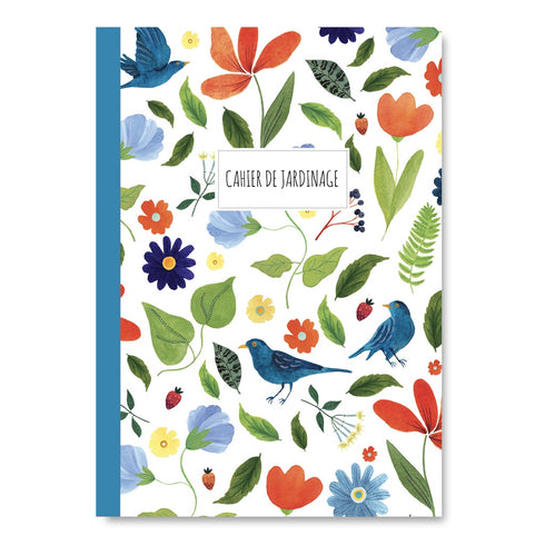 Cahier de jardinage Pascale Éditions, couverture fleurs et oiseaux bleus