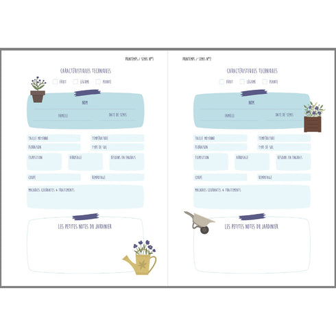 Pages intérieures du cahier de jardinage : fiche de semis