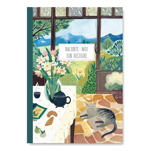Cahier Raconte-moi ton histoire Pascale Éditions, couverture fenêtre ouverte sur un jardin