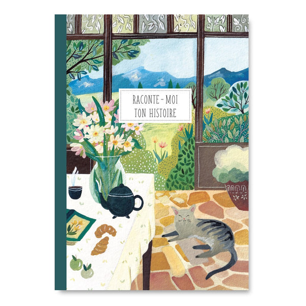 Cahier Raconte-moi ton histoire Pascale Éditions, couverture fenêtre ouverte sur un jardin