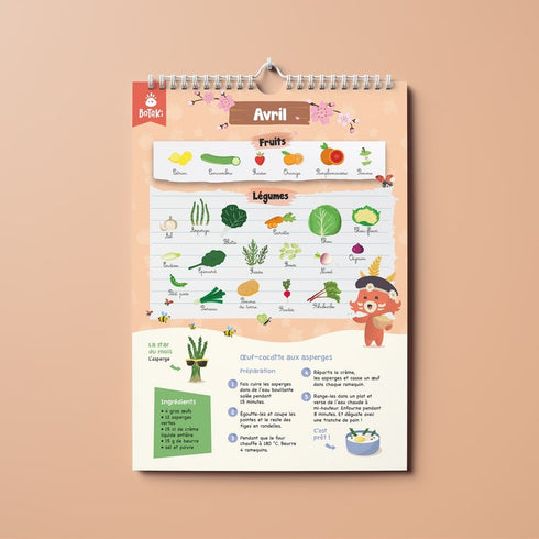Page d'avril du calendrier des fruits et légumes de saison Botaki