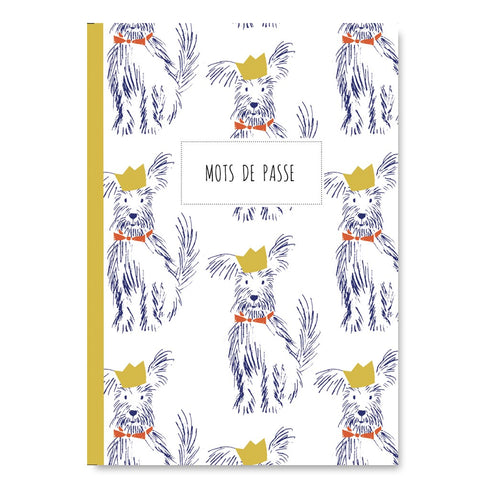 Carnet de mots de passe Pascale Éditions, couverture chiens couronnés