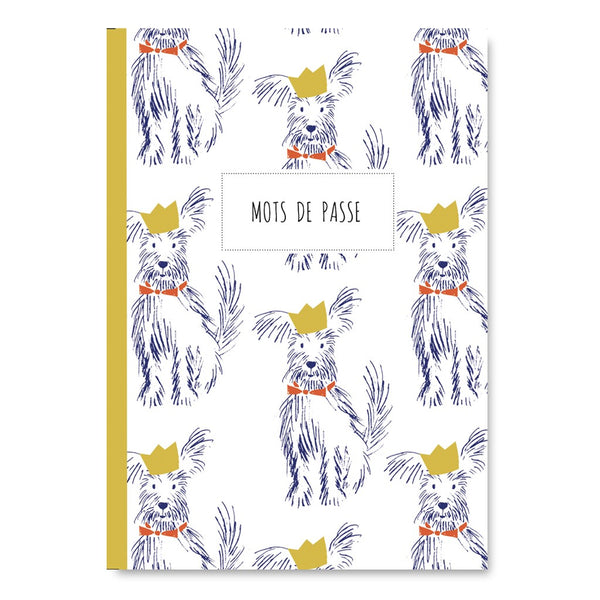 Carnet de mots de passe Pascale Éditions, couverture chiens couronnés