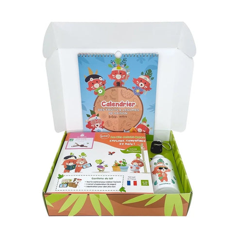 Coffret Protecteur de la nature ouvert : calendrier, bombes de graines et gourde