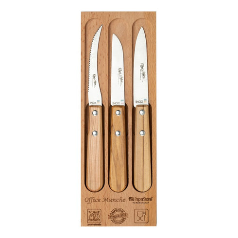 Coffret 3 couteaux office, tomate et bec d'oiseau manche olivier