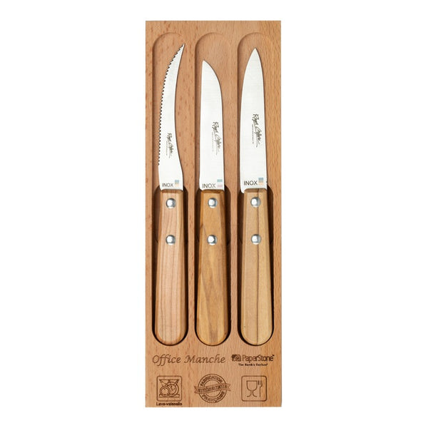 Coffret 3 couteaux office, tomate et bec d'oiseau manche olivier