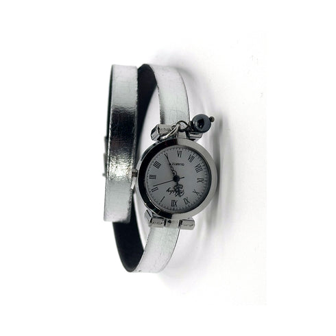 Montre double tour en cuir argenté - Cristalizade