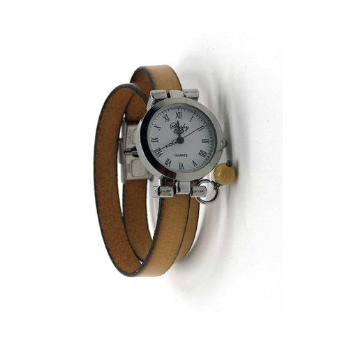 Montre double tour en cuir jaune moutarde - Cristalizade
