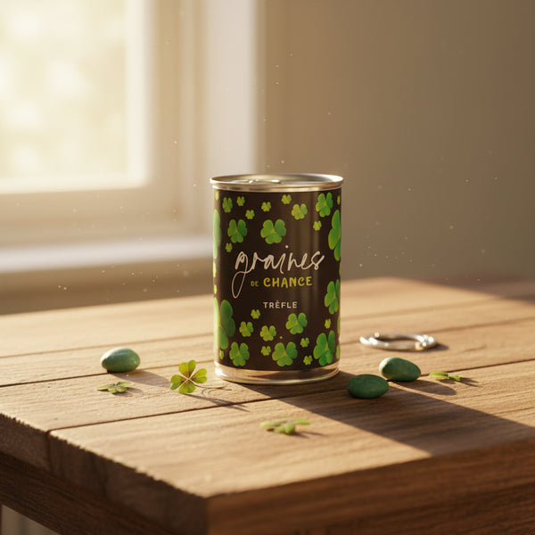 Kit à semer Graines de Chance — on a lucky charm styled wooden table with four-leaf clovers