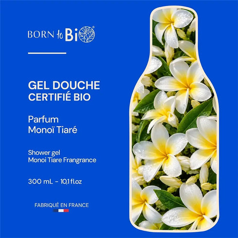 Gel douche bio Monoï tiaré Born to Bio et ses fleurs de tiaré