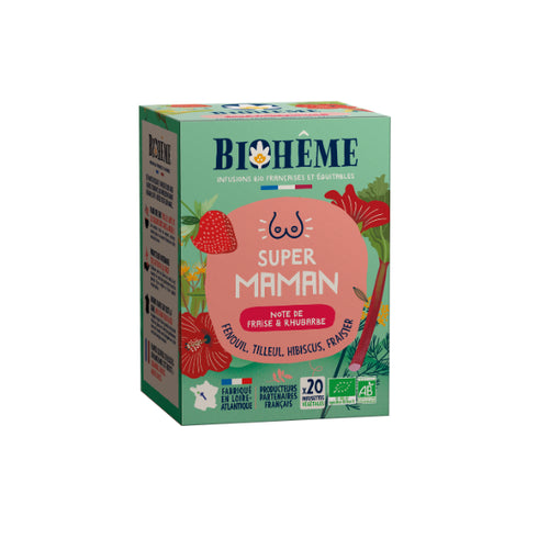 Infusion Super Maman Bio – Biohème (20 sachets) – Fraise & Rhubarbe - J'achète français - Biohême