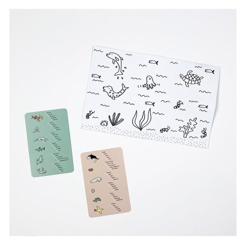Cartes des animaux marins et petit coloriage du Mistigri