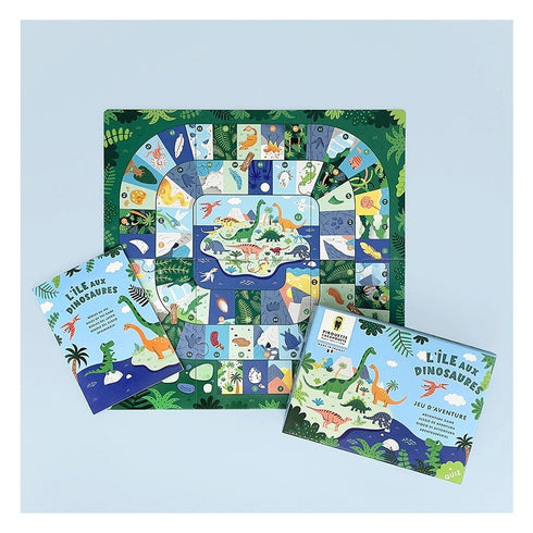 Plateau du jeu L'île aux dinosaures, livret et boîte