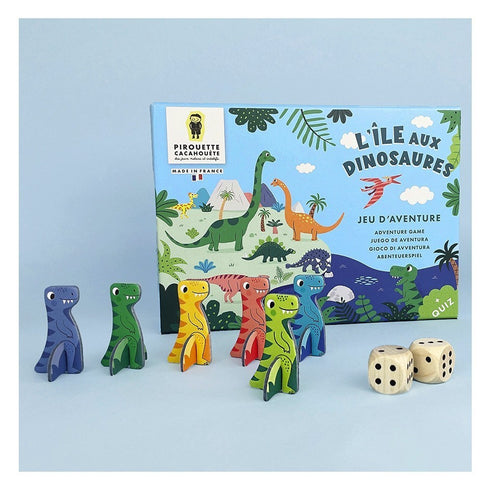 Les 6 pions tyrannosaures et les 2 dés du jeu