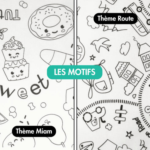 Les deux motifs de pochette du pochon Zéro Ennui : thème Route et thème Miam