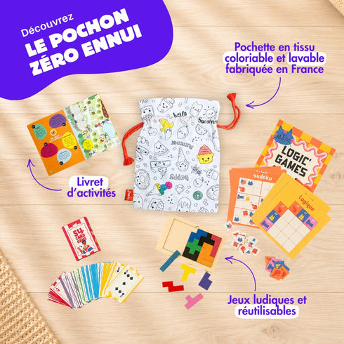 Le contenu du pochon Zéro Ennui : pochette à colorier, livret et jeux