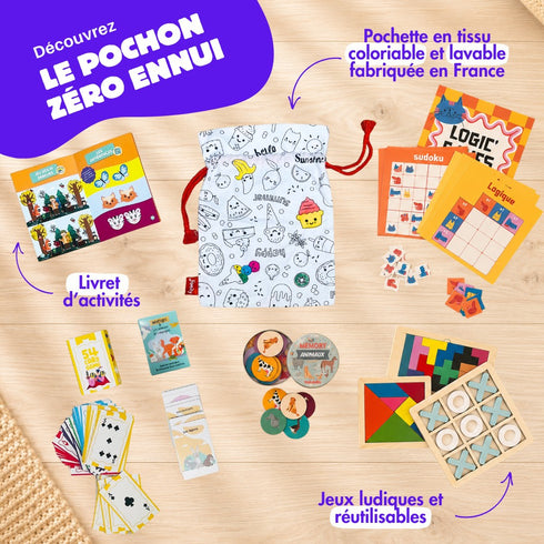 Le contenu du pochon Zéro Ennui : pochette à colorier, livret et jeux