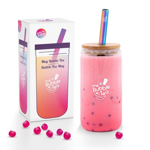 Mug en verre My Bubble Tea avec couvercle en bambou et paille inox, et sa boîte
