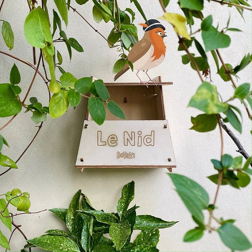 Nichoir Botaki installé dans un arbre, avec un rouge-gorge