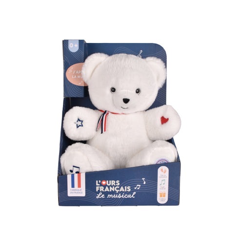Ours en peluche musical blanc TAM TAM 30 cm, peluche fabriquée en France
