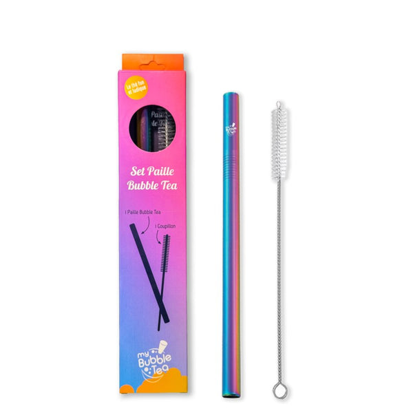Paille inox réutilisable arc-en-ciel My Bubble Tea, son goupillon et son étui