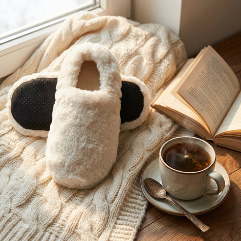 Chaussons bouillotte Beige - L'Artisan du Bien-Être, en situation cosy