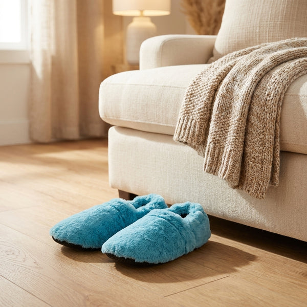 Chaussons bouillotte Céleste - L'Artisan du Bien-Être, en situation cosy