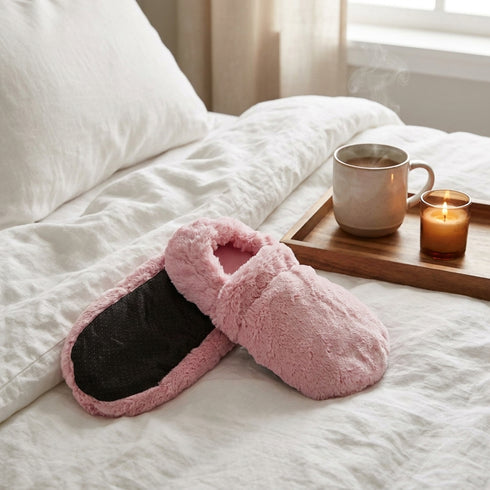 Chaussons bouillotte Rose - L'Artisan du Bien-Être, en situation cosy