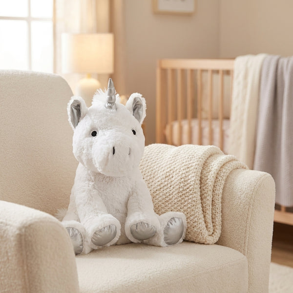 Peluche Bouillotte Licorne Blanche - L'Artisan du Bien-Être, en situation cosy