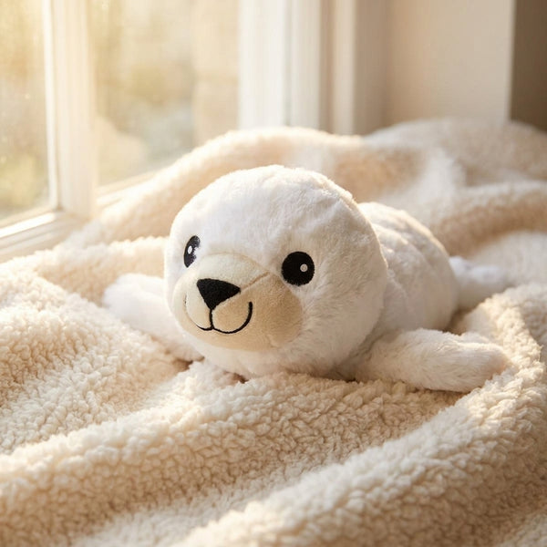 Peluche Bouillotte Otarie Blanche - L'Artisan du Bien-Être, en situation cosy