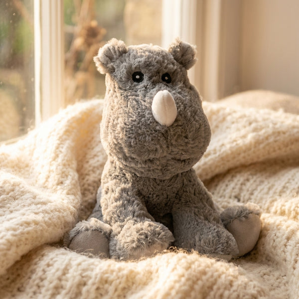Peluche Bouillotte Rhinocéros - L'Artisan du Bien-Être, en situation cosy