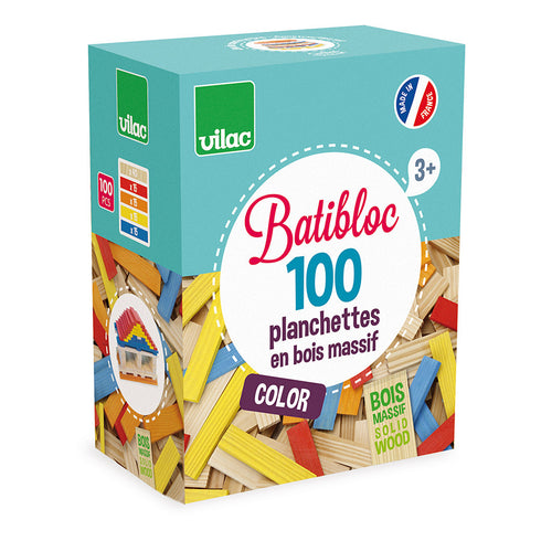 Batibloc Color, 100 planchettes en bois massif, jouet en bois fabriqué dans le Jura